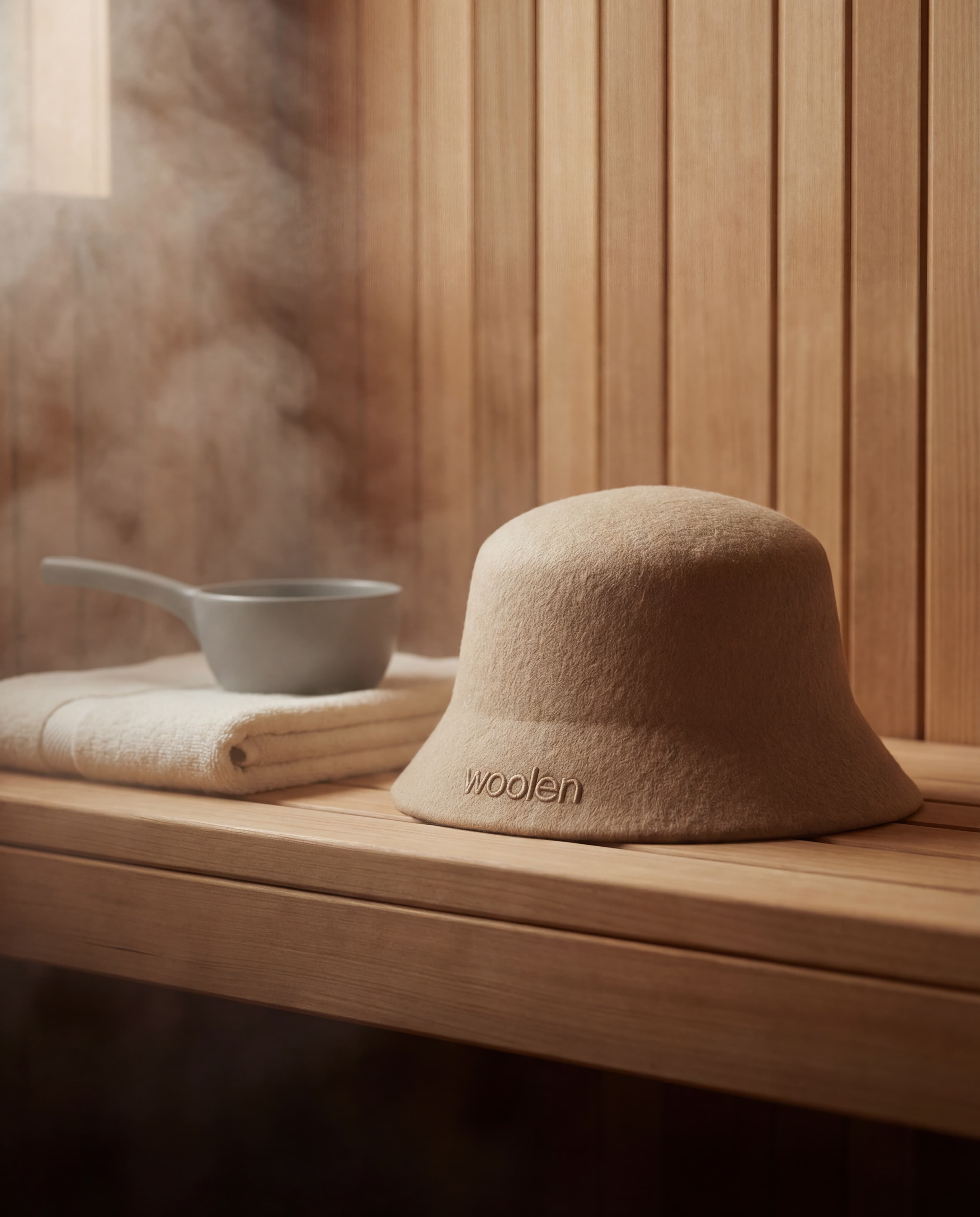 Woolen merino wool sauna hat on a wooden sauna bench with steam rising in the background
