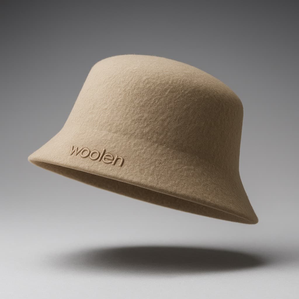 Woolen merino wool sauna hat — floating product shot showing embossed logo and felt texture